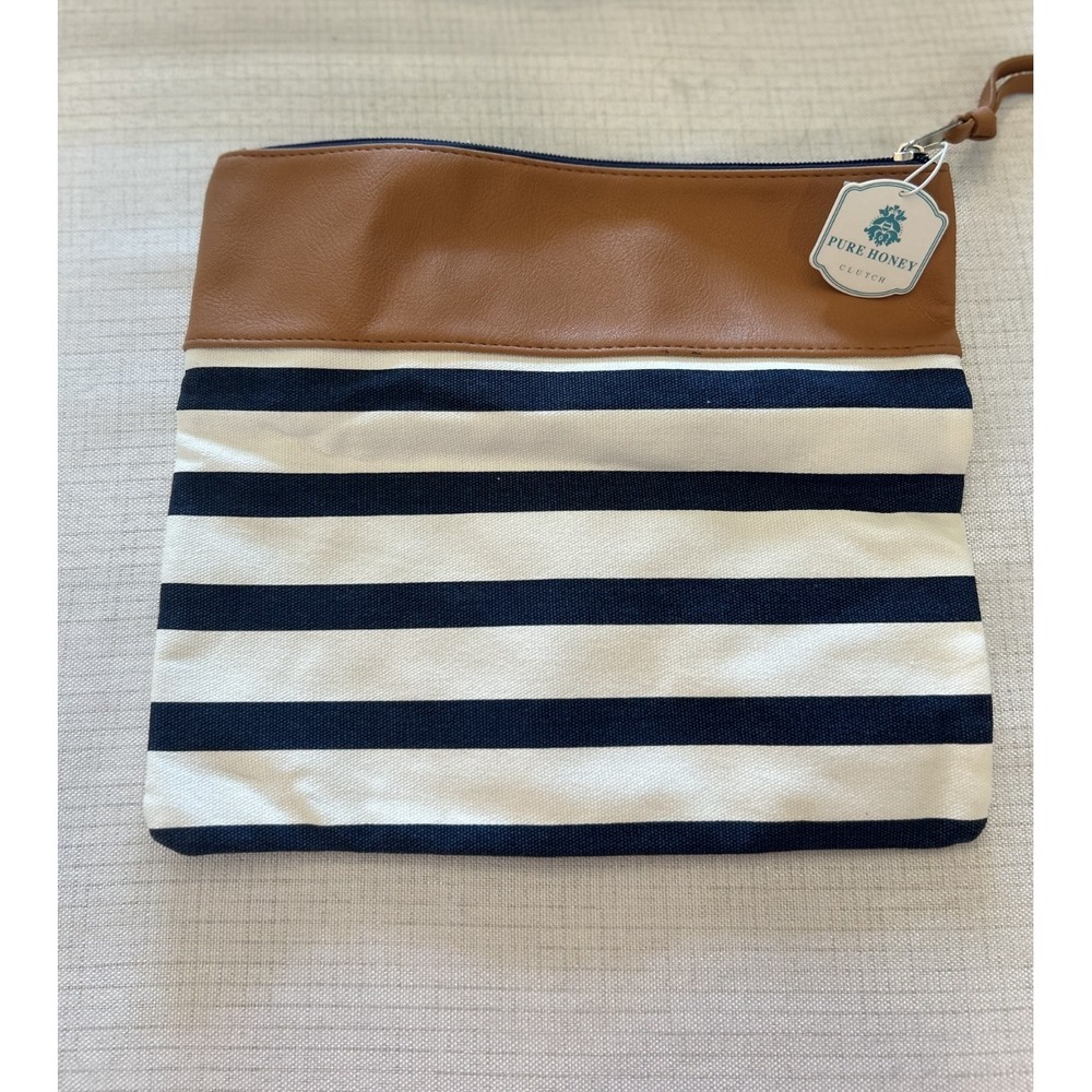 Pure‎ Honey Clutch and Tote Bag Blue and White Stripes with Leather Accents